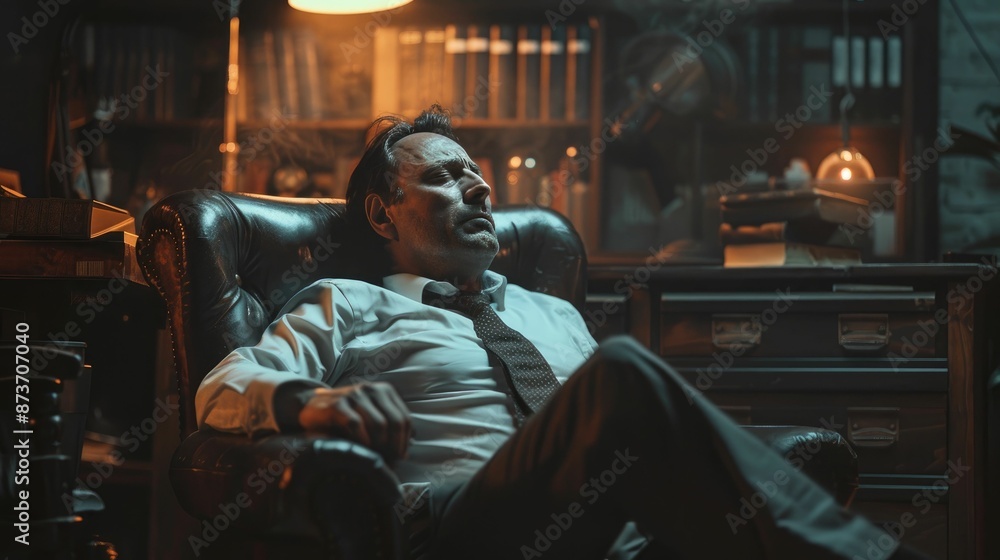 A man in a tie and shirt sits relaxed in an office armchair with a vintage ambiance, books, and dim lighting. A man in a tie and shirt sits relaxed in an office armchair with a vintage ambiance, books, and dim lighting.