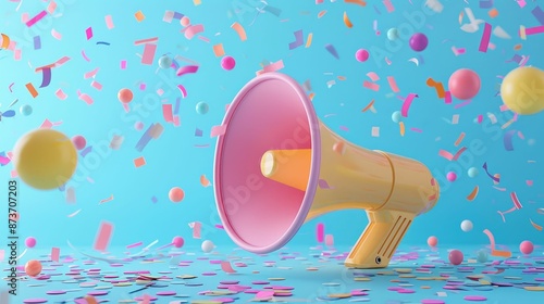 Colorful megaphone with confetti and balloons on a blue background, representing celebration, announcement, or promotion. © komgritch