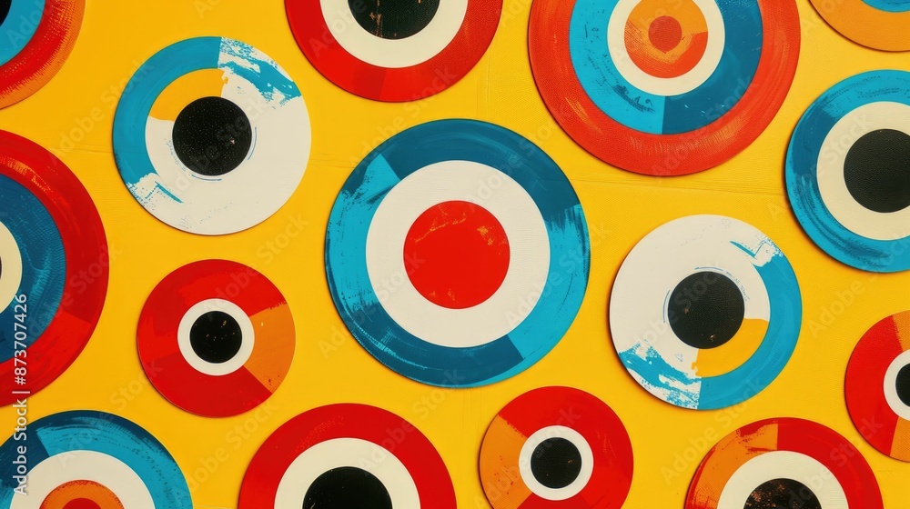 Colorful abstract circular patterns on a bright yellow background. Modern art with vibrant geometric designs and dynamic shapes. Colorful abstract circular patterns on a bright yellow background. Modern art with vibrant geometric designs and dynamic shapes.