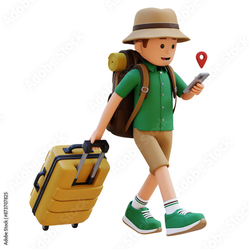 3D Traveller Character Checking Map on Phone while Walking and Pull Suitcase photo