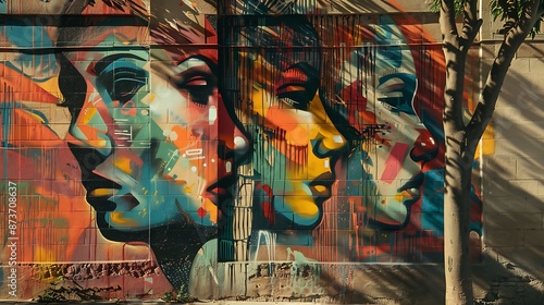Street art murals covering a city wall, adding vibrancy and character to the urban landscape.