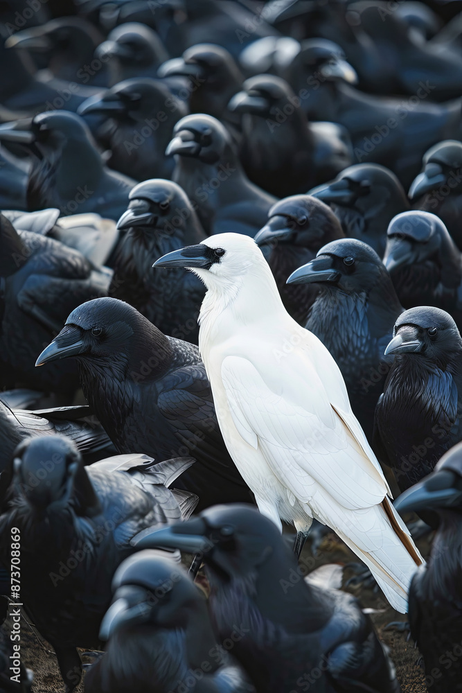 Fototapeta premium White crow standing out from a group of black crows