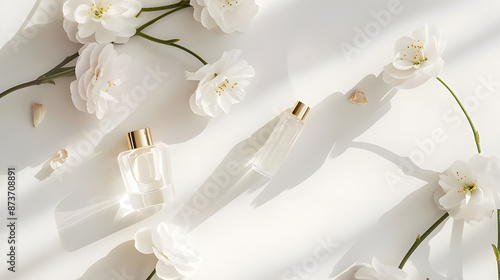 Elegant Perfume Display with White Flowers and Gold Accents photo