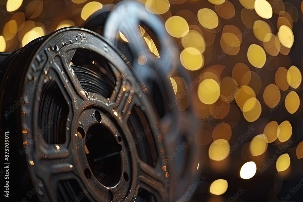 Obraz premium Old cinema film reels with bokeh background