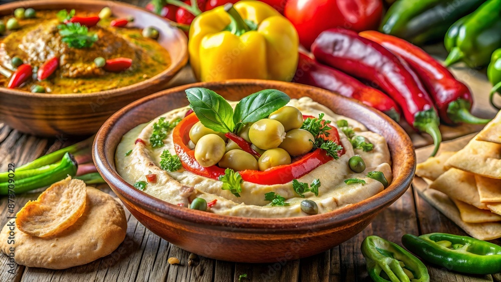 Fresh delicious hummus with broad beans dish, pita bread and colorful spicy pickles (hot chili pepper, cauliflower, cucumbers, turnip) served in the traditional restaurant in Jaffa (Israel) Fresh delicious hummus with broad beans dish, pita bread and colorful spicy pickles (hot chili pepper, cauliflower, cucumbers, turnip) served in the traditional restaurant in Jaffa (Israel)