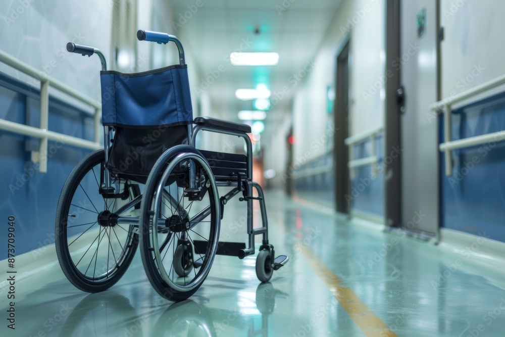 A cart placed in a quiet hospital corridor symbolizes accessibility and patient care in a clean and sterile environment. A cart placed in a quiet hospital corridor symbolizes accessibility and patient care in a clean and sterile environment.