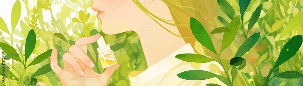 A woman is holding a bottle of perfume in a lush green field. Concept of relaxation and tranquility, as the woman is surrounded by nature and enjoying the scent of the perfume A woman is holding a bottle of perfume in a lush green field. Concept of relaxation and tranquility, as the woman is surrounded by nature and enjoying the scent of the perfume