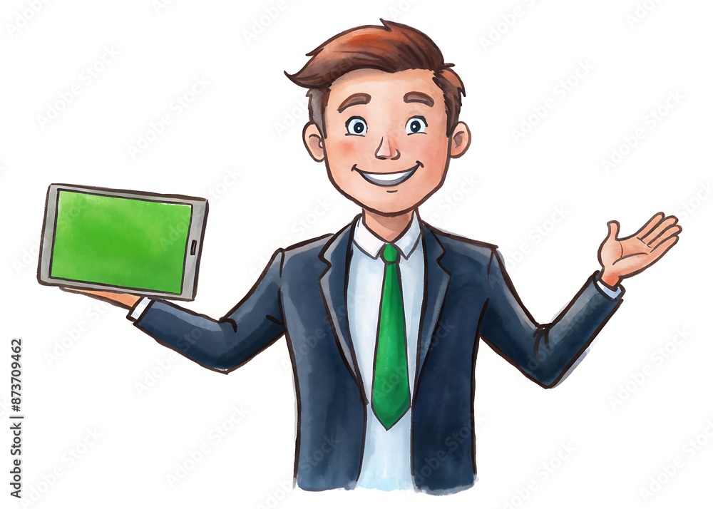 A young handsome businessman smiles at the camera and holds out a tablet with green screen, his arms outstretched - green screen studio A young handsome businessman smiles at the camera and holds out a tablet with green screen, his arms outstretched - green screen studio