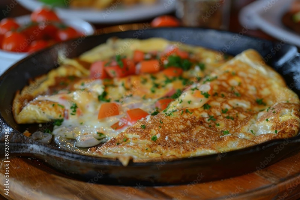 Delicious omelet with fresh tomatoes and herbs, served in a hot skillet, perfect for a healthy breakfast or brunch. Delicious omelet with fresh tomatoes and herbs, served in a hot skillet, perfect for a healthy breakfast or brunch.