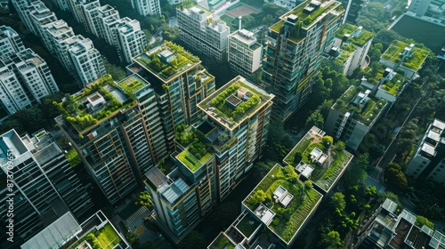 Aerial view of green sustainable city with skyscrapers and buildings covered in rooftop gardens. Concept of urban farming, ecology, and environmental sustainability