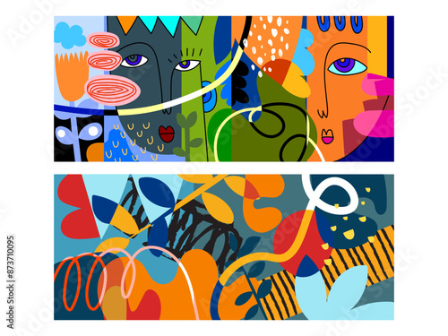 Wallpaper Mural Set of beautiful abstract flowers and plants, geometric, doodle, line art colorful hand drawn vector illustration background. Floral and nature. Torontodigital.ca