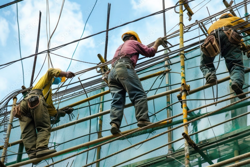 Fototapeta premium Construction Team Diligently Installing Electrical Cables to Ensure Safe and Efficient Building Infrastructure