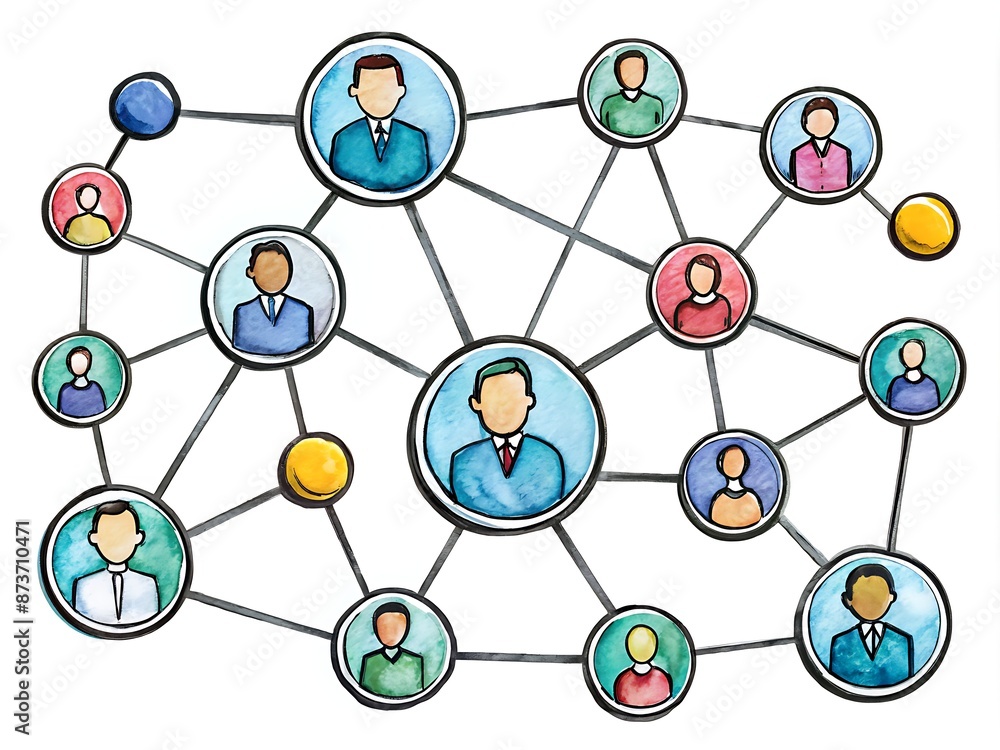 Stylized business network icons set featuring interconnected nodes, circles, and lines in various shapes and colors, symbolizing connection, communication, and partnership. Stylized business network icons set featuring interconnected nodes, circles, and lines in various shapes and colors, symbolizing connection, communication, and partnership.