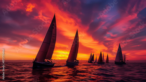 Sailboats racing under sunset skies, silhouetted against vibrant colors, highlighting camaraderie and competitive spirit of sailors