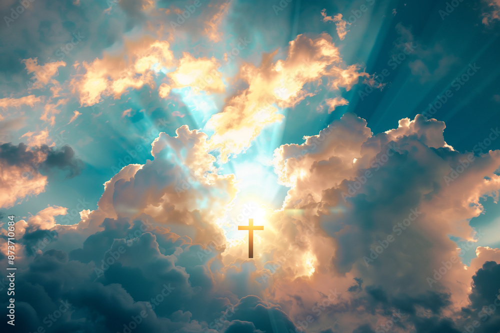 A cross breaking through the clouds, embraced by tranquil sky and resplendent golden tones A cross breaking through the clouds, embraced by tranquil sky and resplendent golden tones