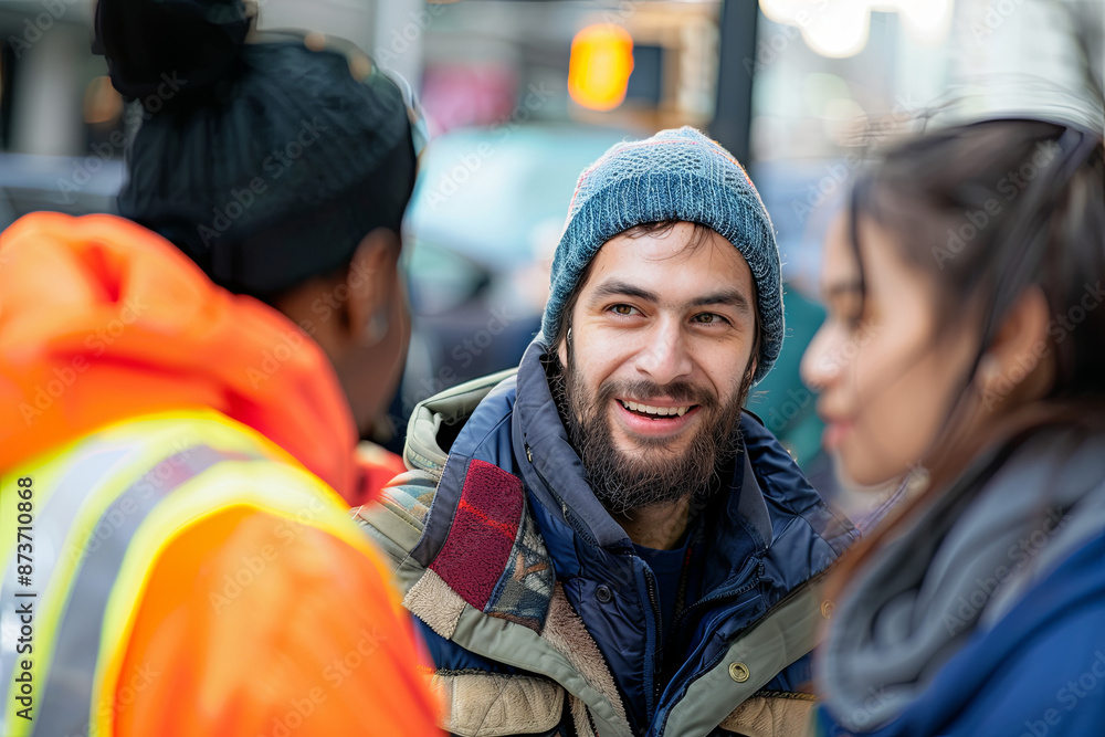 Fototapeta premium Outreach workers connecting with homeless individuals, offering assistance and resources
