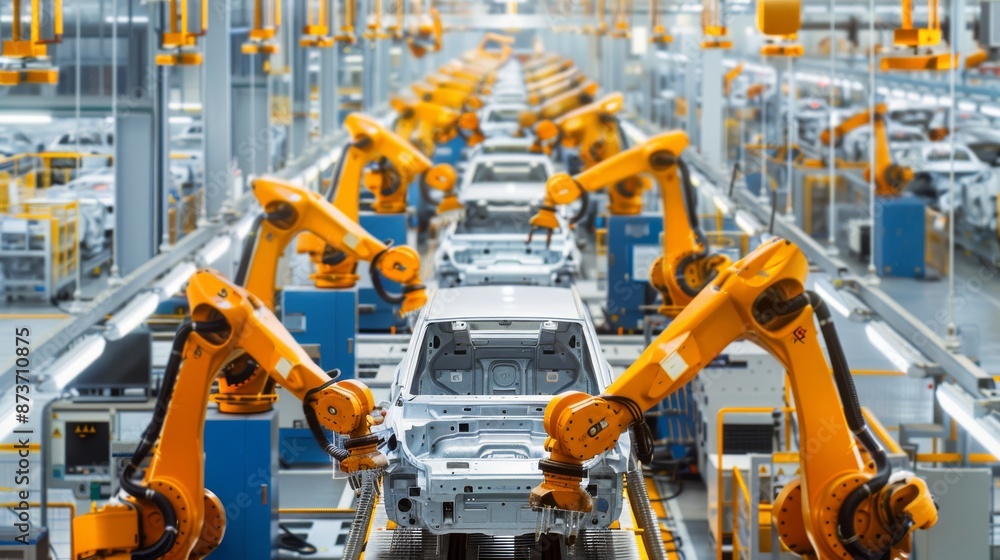 A large manufacturing plant filled with rows of automated machinery and robotic arms assembling car parts with workers in safety gear overseeing the production process A large manufacturing plant filled with rows of automated machinery and robotic arms assembling car parts with workers in safety gear overseeing the production process