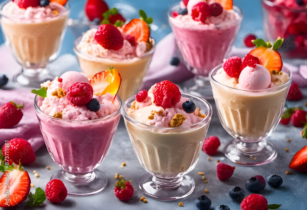 A colorful and vibrant image of strawberry and raspberry flavored soft serve ice cream and cones, surrounded by fresh strawberries, raspberries, and candy sprinkles on a pink background. A colorful and vibrant image of strawberry and raspberry flavored soft serve ice cream and cones, surrounded by fresh strawberries, raspberries, and candy sprinkles on a pink background.