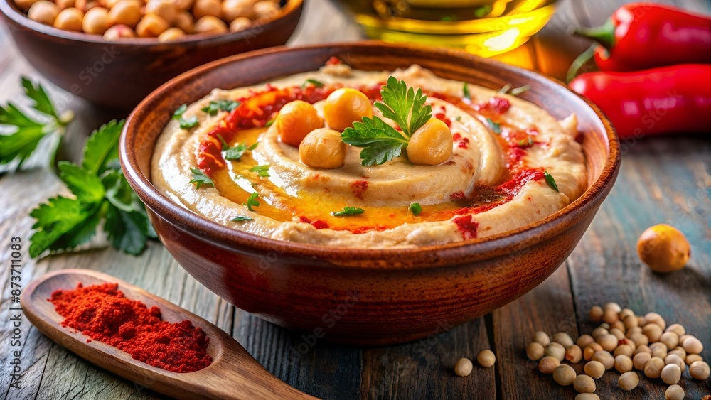Classic Hummus with chickpeas, paprika, olive oil and oriental spices. Mediterranean popular snack of chickpeas and tahini pasta. Classic Hummus with chickpeas, paprika, olive oil and oriental spices. Mediterranean popular snack of chickpeas and tahini pasta.