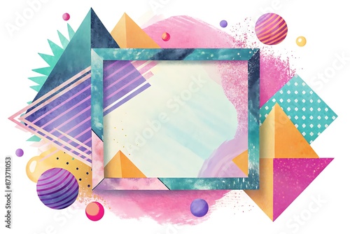 Vibrant retro aesthetic frame surrounded by nostalgic 90s waves backdrop featuring pastel hues, geometric shapes, and distressed textures, evoking a radical throwback vibe. photo