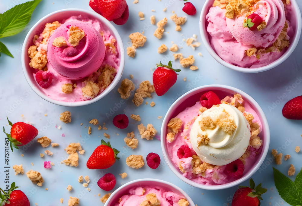 A colorful and vibrant image of strawberry and raspberry flavored soft serve ice cream and cones, surrounded by fresh strawberries, raspberries, and candy sprinkles on a pink background. A colorful and vibrant image of strawberry and raspberry flavored soft serve ice cream and cones, surrounded by fresh strawberries, raspberries, and candy sprinkles on a pink background.