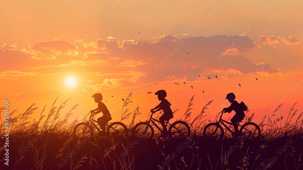 Children riding bicycles at sunset, simple s, rear view, fading light Children riding bicycles at sunset, simple s, rear view, fading light