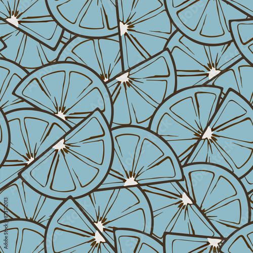 Abstract Fruit Seamless Pattern. Orange Fruit Contemporary Print Blue Color. Design for Textile, Fabric, Social Networks, Postcards, Surface, Printing. Vector Illustration