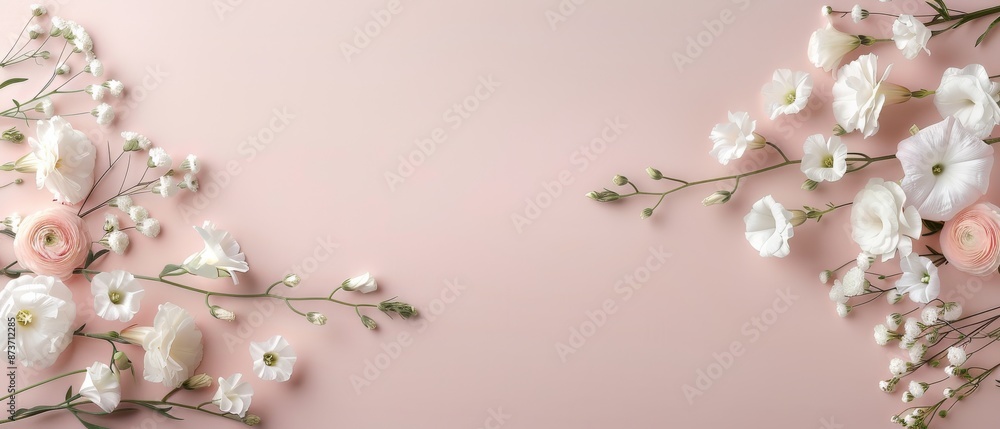 Elegant floral arrangement with soft pink and white flowers on a pastel pink background, perfect for weddings or spring-themed designs. Elegant floral arrangement with soft pink and white flowers on a pastel pink background, perfect for weddings or spring-themed designs.