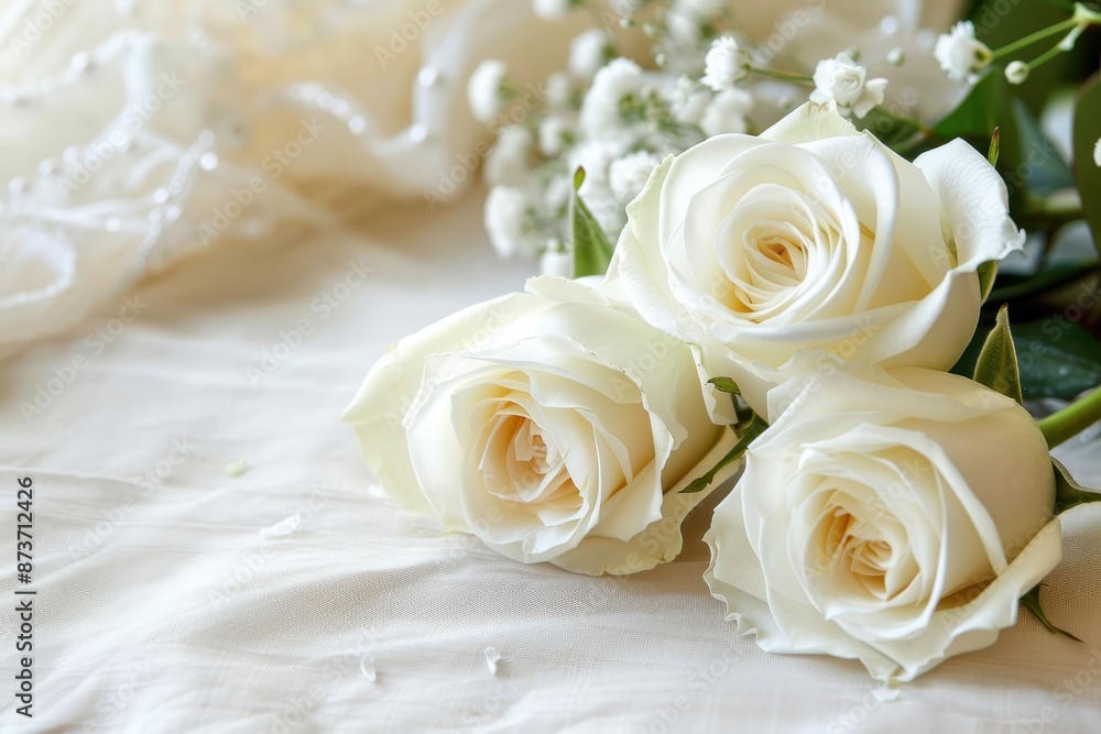 Obraz premium Elegant Bouquet of White Roses on a Fabric Background