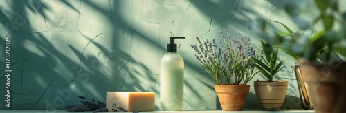 Lavender Plants, Soap, and Green Foliage on a Teal Shelf: A Teal Shelf With T...