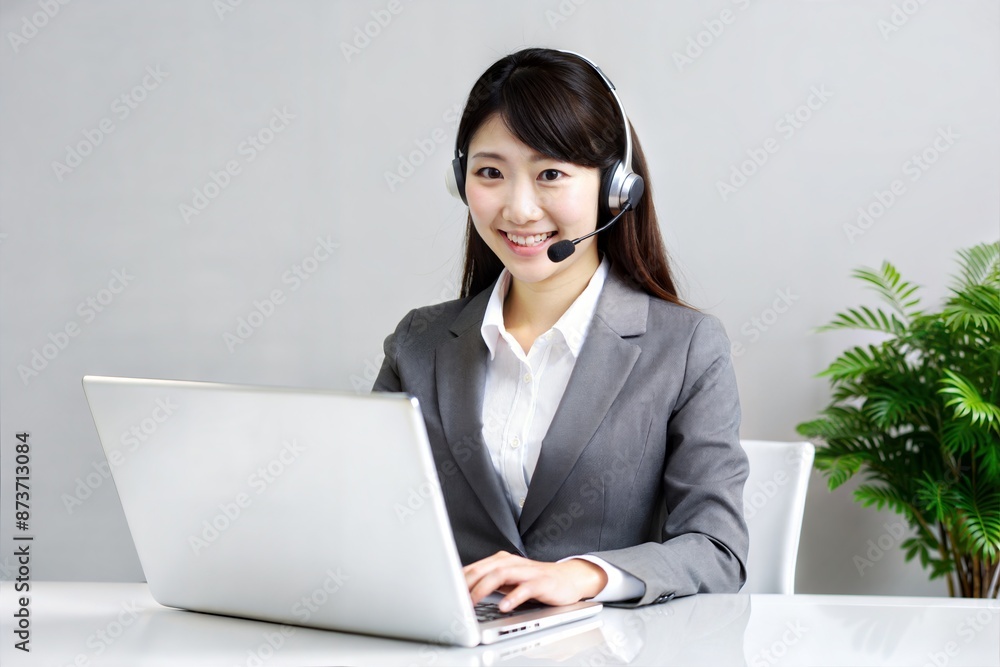 Smiling Asian Female Call Center Operator with Computer
Smiling Asian Female Call Center Operator with Computer