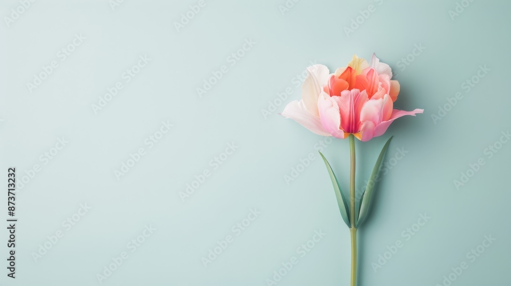 Elegant single pink flower on a pastel light blue background, minimalist and serene floral composition for backgrounds or design projects. Elegant single pink flower on a pastel light blue background, minimalist and serene floral composition for backgrounds or design projects.