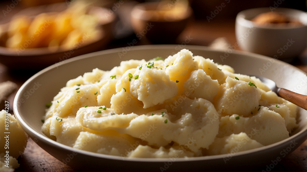 Mashed potatoes being served with a ladle from a pot, with steam rising and a homely kitchen setting in the background Mashed potatoes being served with a ladle from a pot, with steam rising and a homely kitchen setting in the background