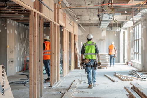 Professional Construction Team Finalizing Interior Details on a New Commercial Building Project