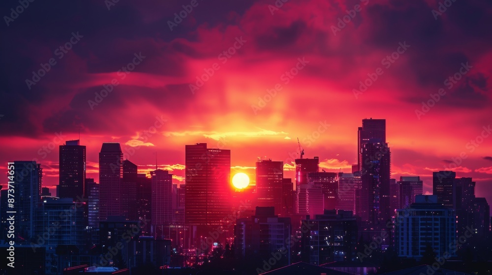 Fototapeta premium Fiery Sunset over Dramatic City Skyline. Urban Landscape at Dusk