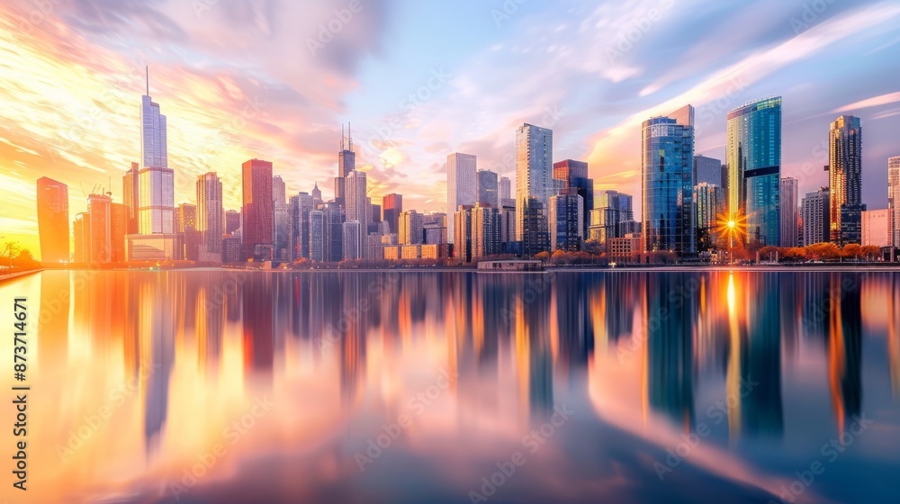 Stunning sunset cityscape with modern skyscrapers reflected in calm water. Urban landscape, modern architecture, city skyline. Stunning sunset cityscape with modern skyscrapers reflected in calm water. Urban landscape, modern architecture, city skyline.