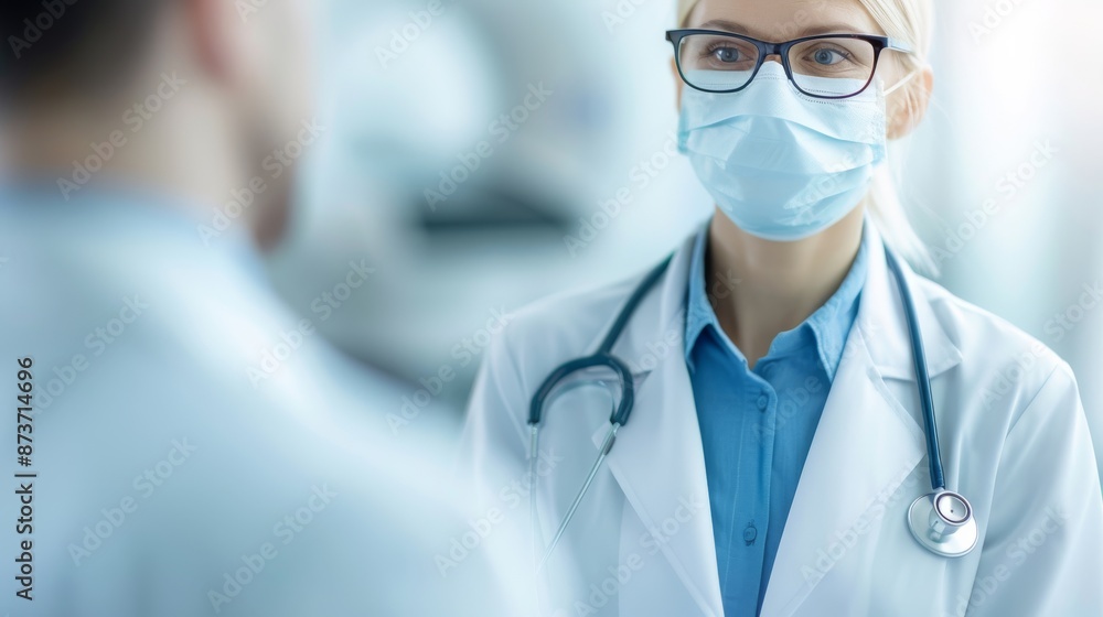 Female doctor in a medical office wearing a mask and stethoscope, consulting with another healthcare professional. Modern, professional setting. Female doctor in a medical office wearing a mask and stethoscope, consulting with another healthcare professional. Modern, professional setting.