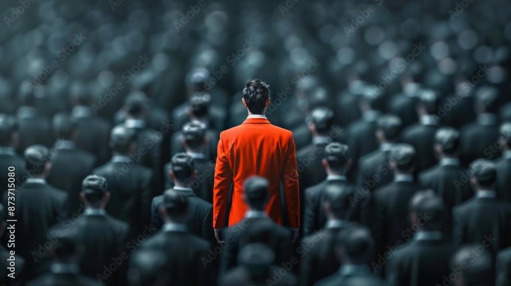 Fototapeta premium A man stands out in a crowd of people wearing an orange suit. Concept of individuality and importance, as the man stands out from the crowd