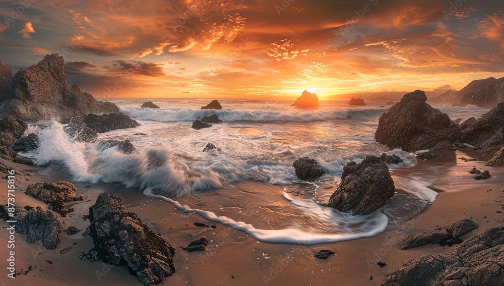 Obraz premium Stunning High-Resolution View of Cabo da Roca's Rugged Coastline with Towering Cliffs and Crashing Waves Against Golden Sand Beach at Sunset, Captured with Wide Angle Lens and Cinematic Light, Showcas
