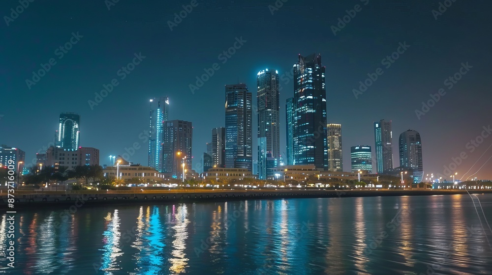 Obraz premium Timelapse of Abu Dhabi skyline at night, showcasing illuminated modern skyscrapers viewed from Corniche, United Arab Emirates, circa March 2018.