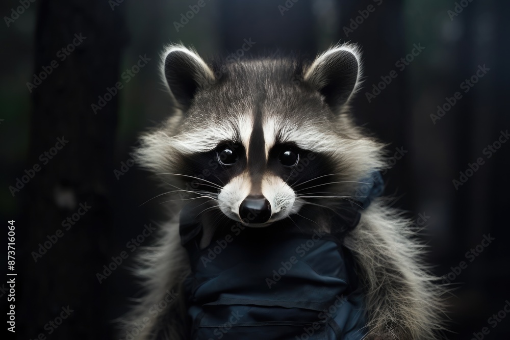 Fototapeta premium a raccoon in a leather jacket standing in the woods, curious baby raccoon with a masked face