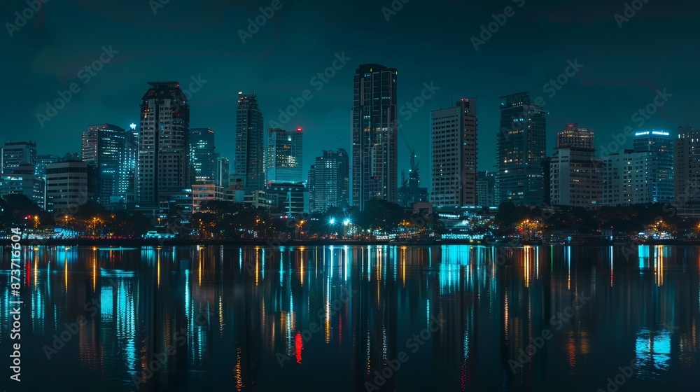 Naklejka premium Cityscape of downtown Bangkok, Thailand, at night with reflections