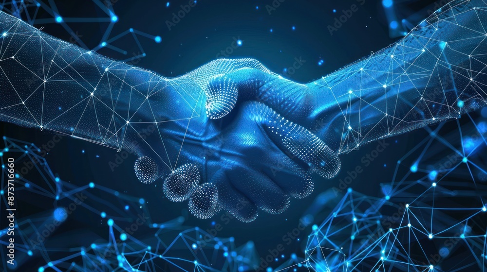 Digital handshake on blue technology background. Abstract two hands in ...