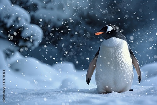 a penguin standing in the snow with a snow background, delightful penguin waddles on an icy landscape, snowflakes gently falling