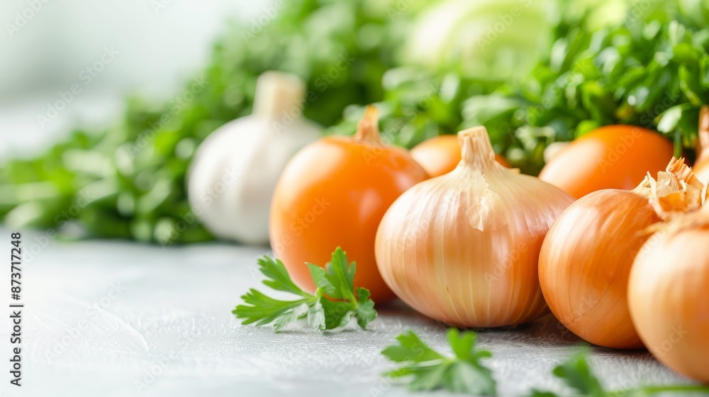 Fresh onions, garlic, and parsley on a light background. Perfect for cooking, food preparation, and healthy recipes. Fresh onions, garlic, and parsley on a light background. Perfect for cooking, food preparation, and healthy recipes.
