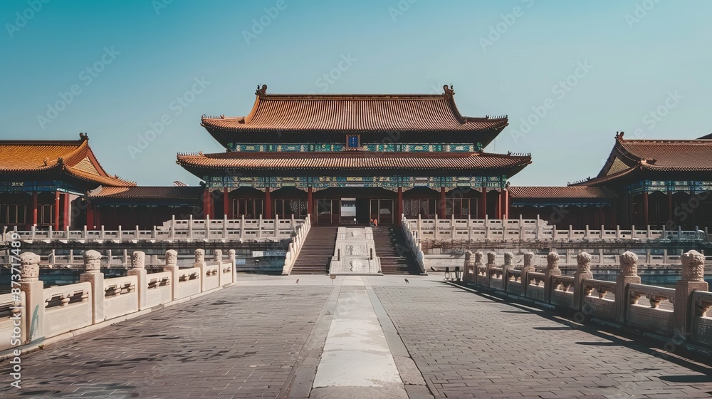 The exterior of the Forbidden City in Beijing showcases majestic ancient Chinese architecture, characterized by its intricate roofs, red walls, and sprawling layout. The exterior of the Forbidden City in Beijing showcases majestic ancient Chinese architecture, characterized by its intricate roofs, red walls, and sprawling layout.