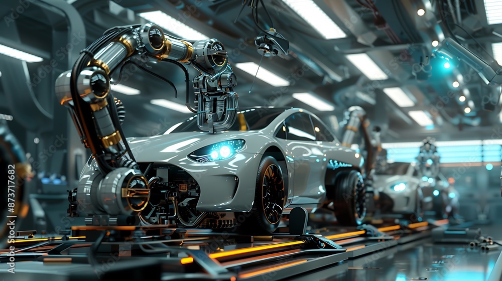 Robotic Arm Assembling Electric Car in Futuristic Factory: Automation in Automotive Manufacturing Robotic Arm Assembling Electric Car in Futuristic Factory: Automation in Automotive Manufacturing