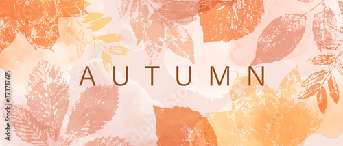 Abstract autumn watercolor art. Bright warm colors, fall leaves, trees, sky. Frame, background for text.