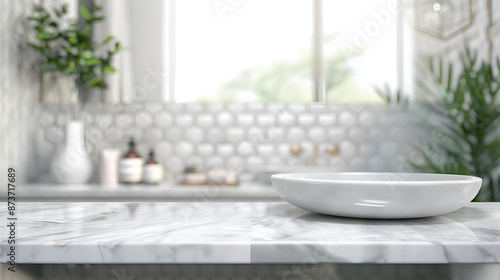 White bathroom interior. Empty marble table top for product display with blurred bathroom interior background ai generative