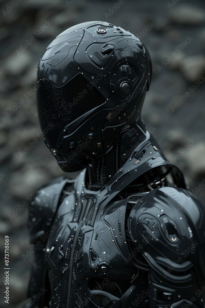 In a surreal twist, an android hacker emerges, clad in sleek black circuit board armor that glimmers with hyper-realistic detail against a dark grey ash backdrop. In a surreal twist, an android hacker emerges, clad in sleek black circuit board armor that glimmers with hyper-realistic detail against a dark grey ash backdrop.